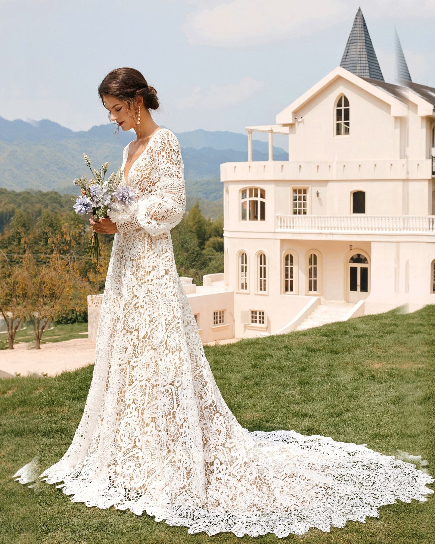 boho bishop sleeve crochet lace wedding dress - image 9