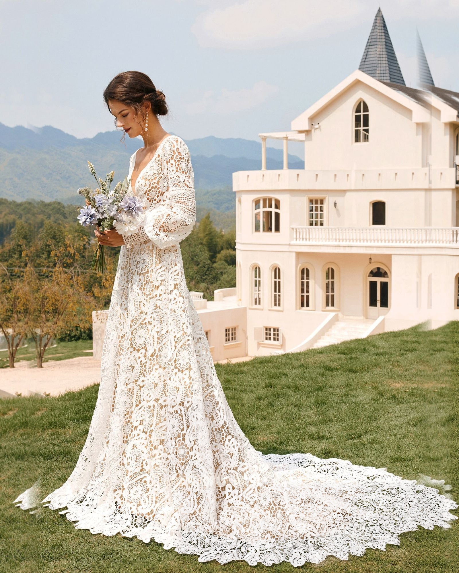 boho bishop sleeve crochet lace wedding dress - image 9