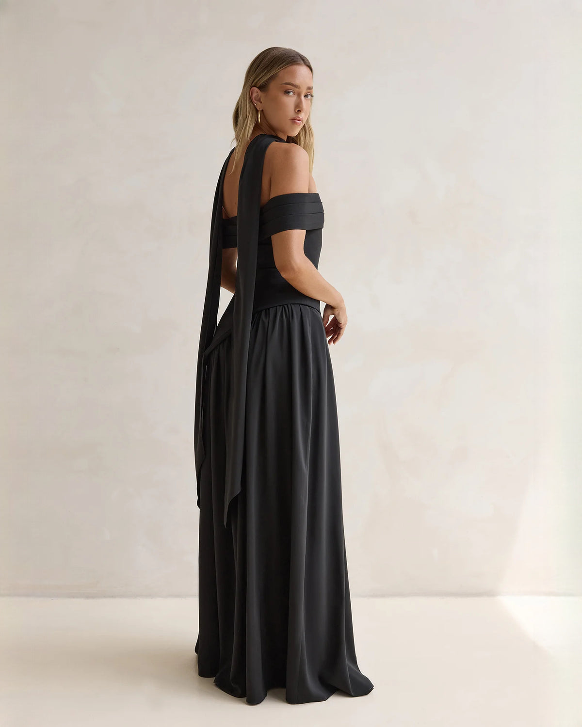 off-shoulder satin a-line maxi bridesmaid dress - image 9