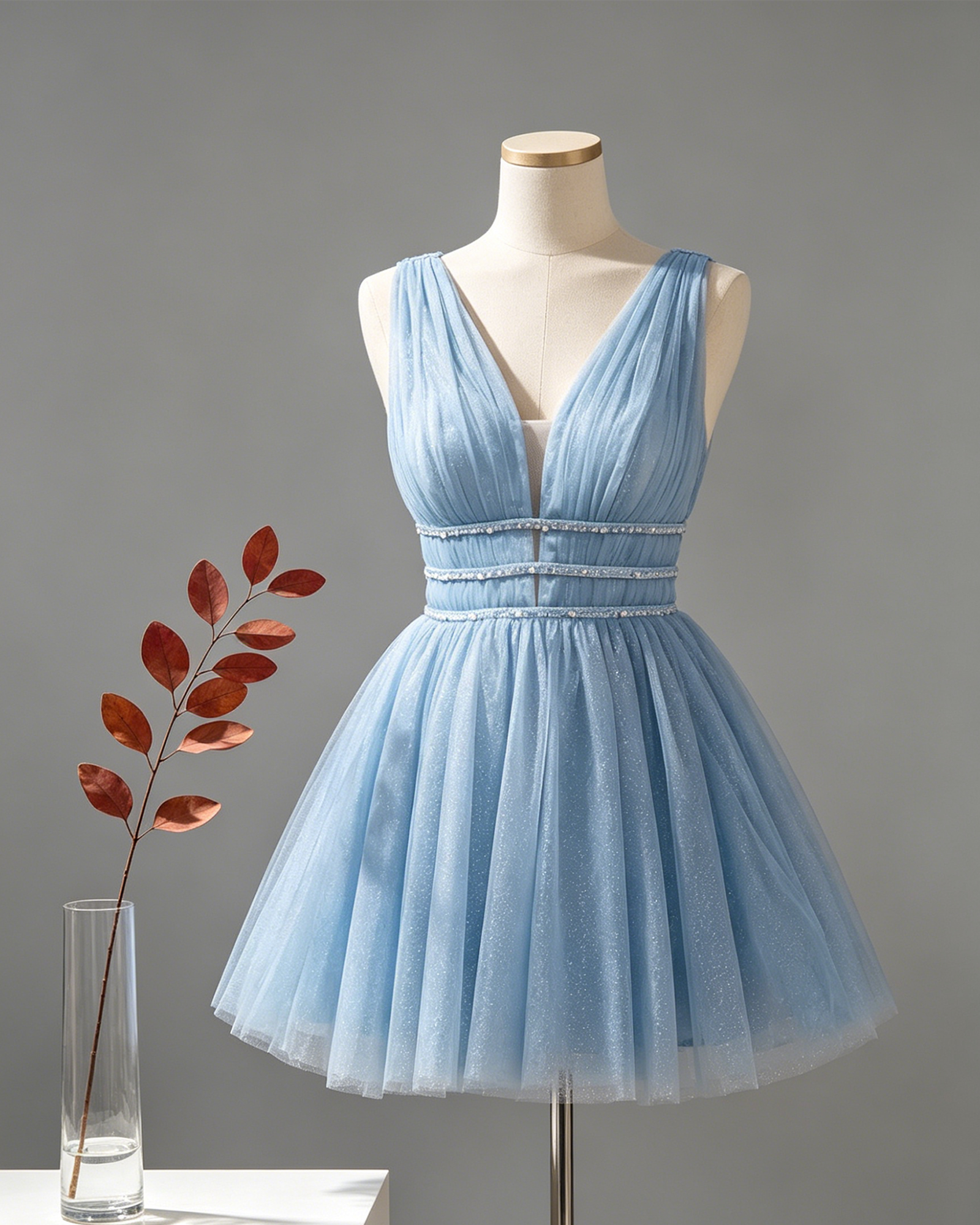 V Neck Beaded Waist Glitter Tulle Homecoming Dress - view 1