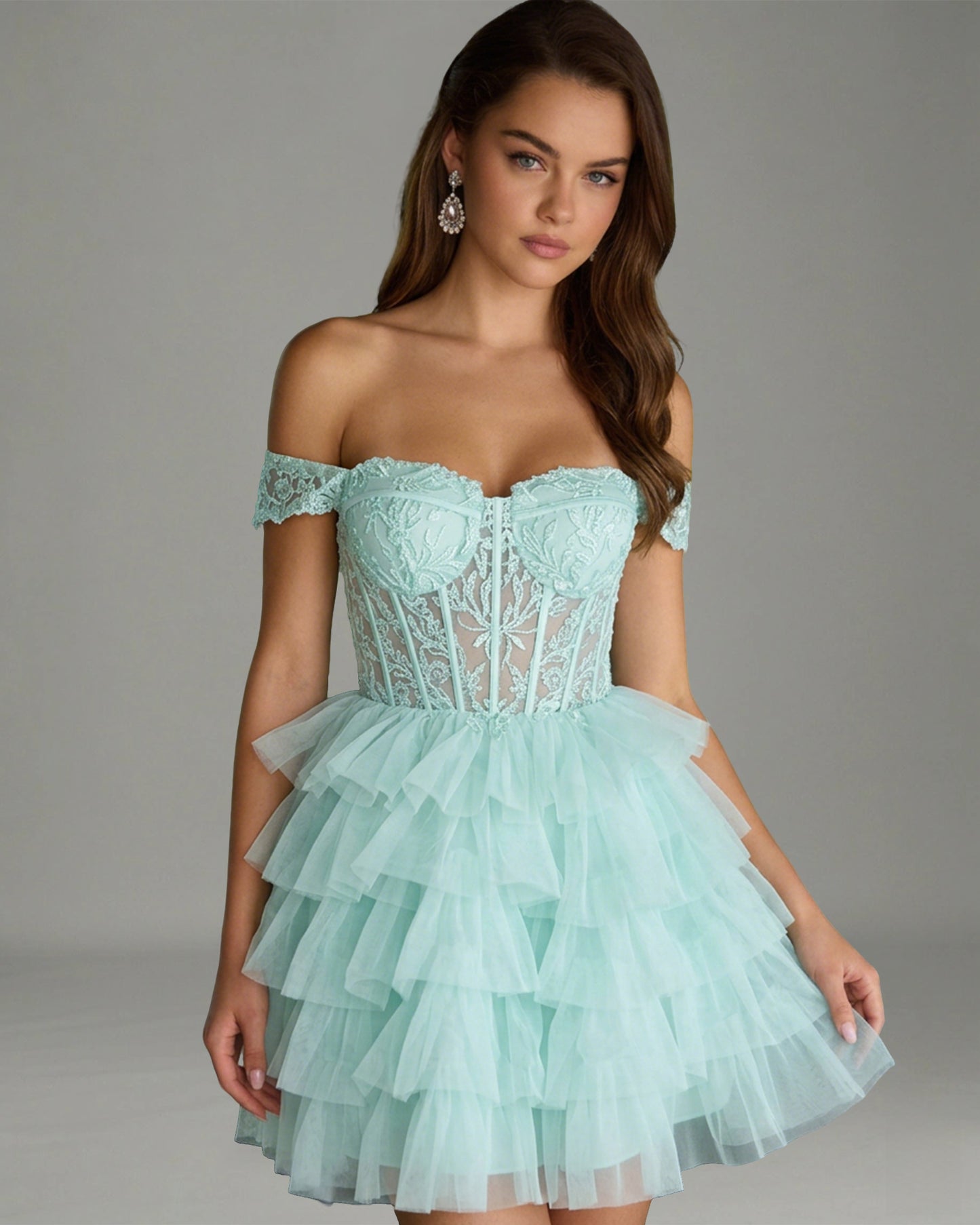 Off Shoulder Lace Corset Tulle Homecoming Dress with Tiered Layers - view 1