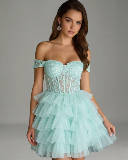 Off Shoulder Lace Corset Tulle Homecoming Dress with Tiered Layers - view 1