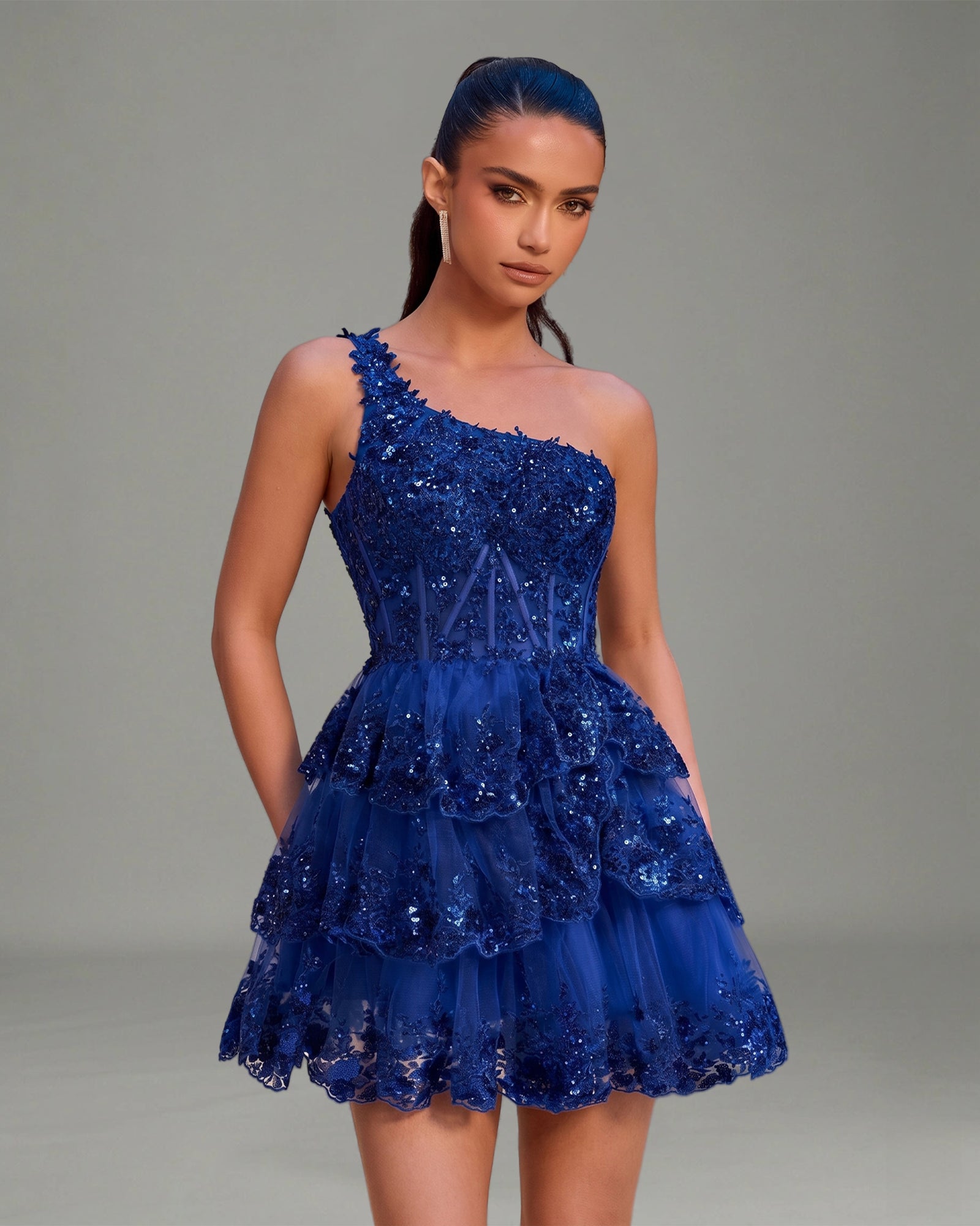 One Shoulder Sequin Lace Corset Tiered Homecoming Dress - view 1