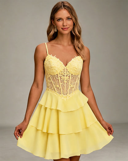 Spaghetti Strap Lace Corset Tiered A-Line Homecoming Dress - view 1