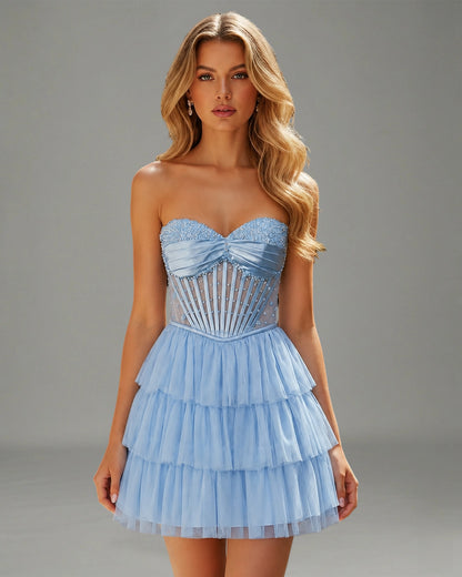 Strapless Beaded Corset Tiered Tulle Homecoming Dress - view 1