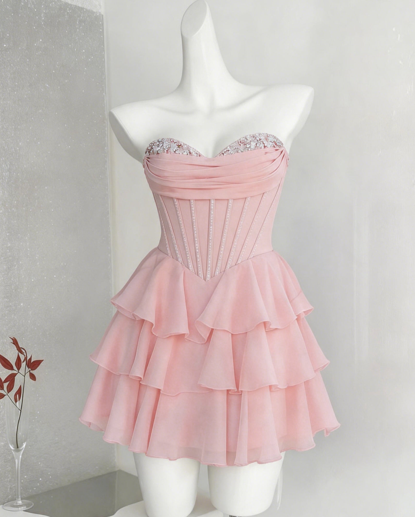 Strapless Beaded Corset Tiered Tulle Homecoming Dress - view 1