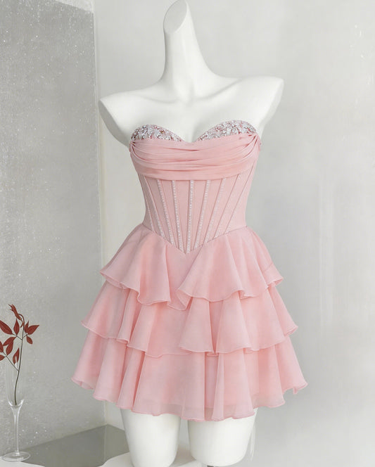 Strapless Beaded Corset Tiered Tulle Homecoming Dress - view 1