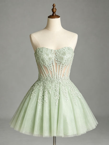 Strapless Lace Applique Glitter Tulle Homecoming Dress - view 1