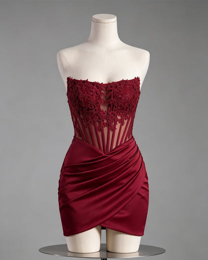 Strapless Lace Corset Satin Homecoming Dress with Slit - view 1
