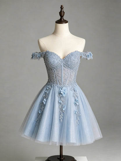 Off Shoulder 3D Floral Corset Glitter Tulle Homecoming Dress - view 1