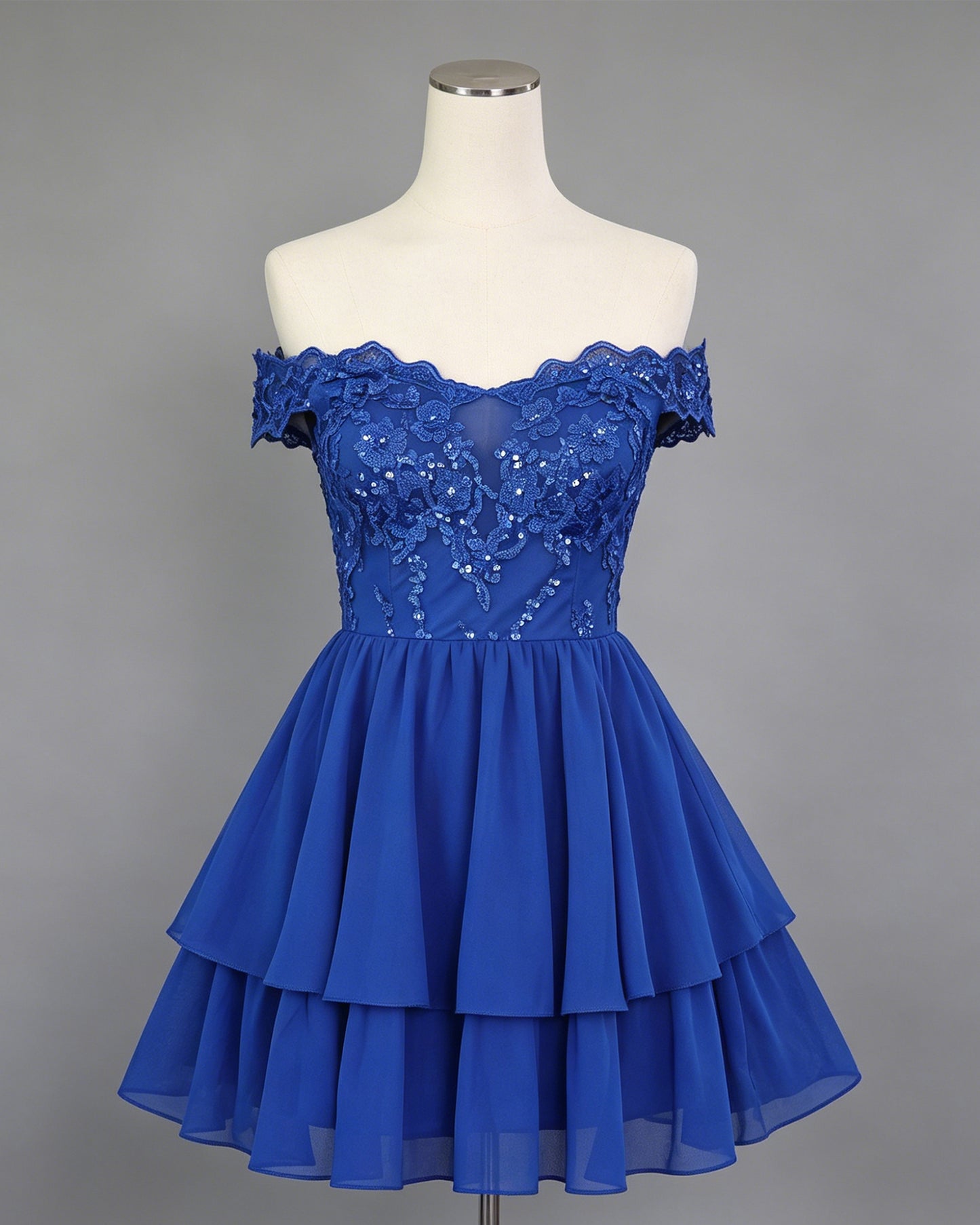 Off Shoulder Lace A-Line Homecoming Dress with Tiered Skirt - view 1