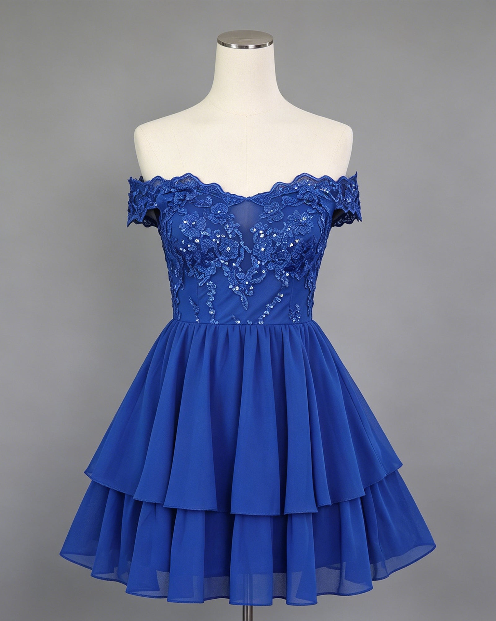 Off Shoulder Lace A-Line Homecoming Dress with Tiered Skirt - view 1