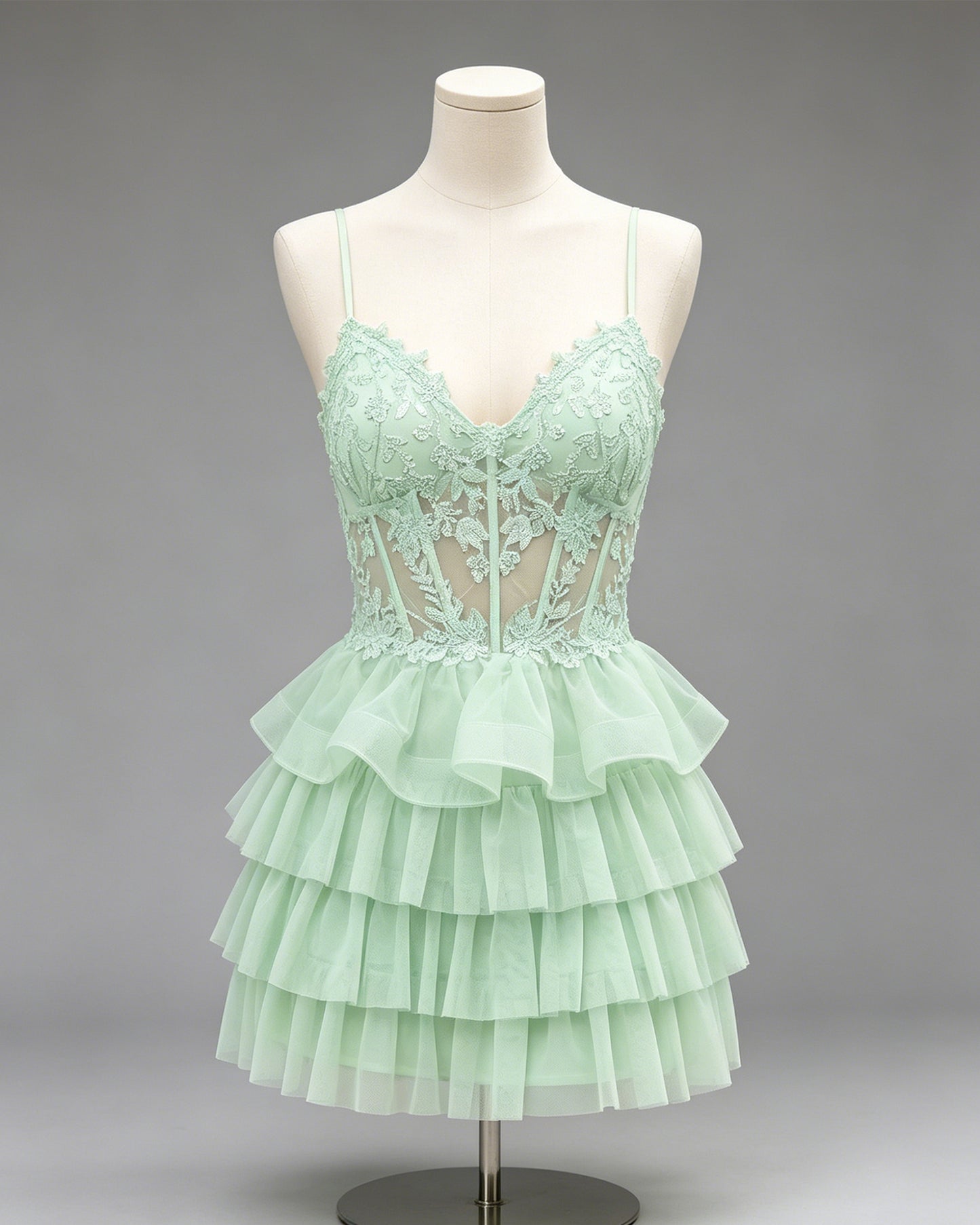 Spaghetti Strap Lace Corset Tiered Tulle Homecoming Dress - view 1