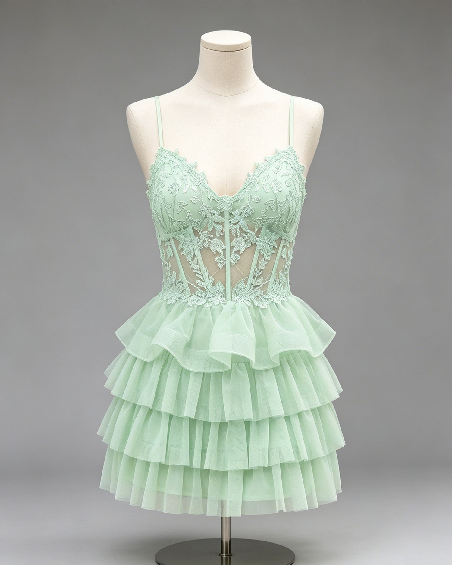 Spaghetti Strap Lace Corset Tiered Tulle Homecoming Dress - view 1