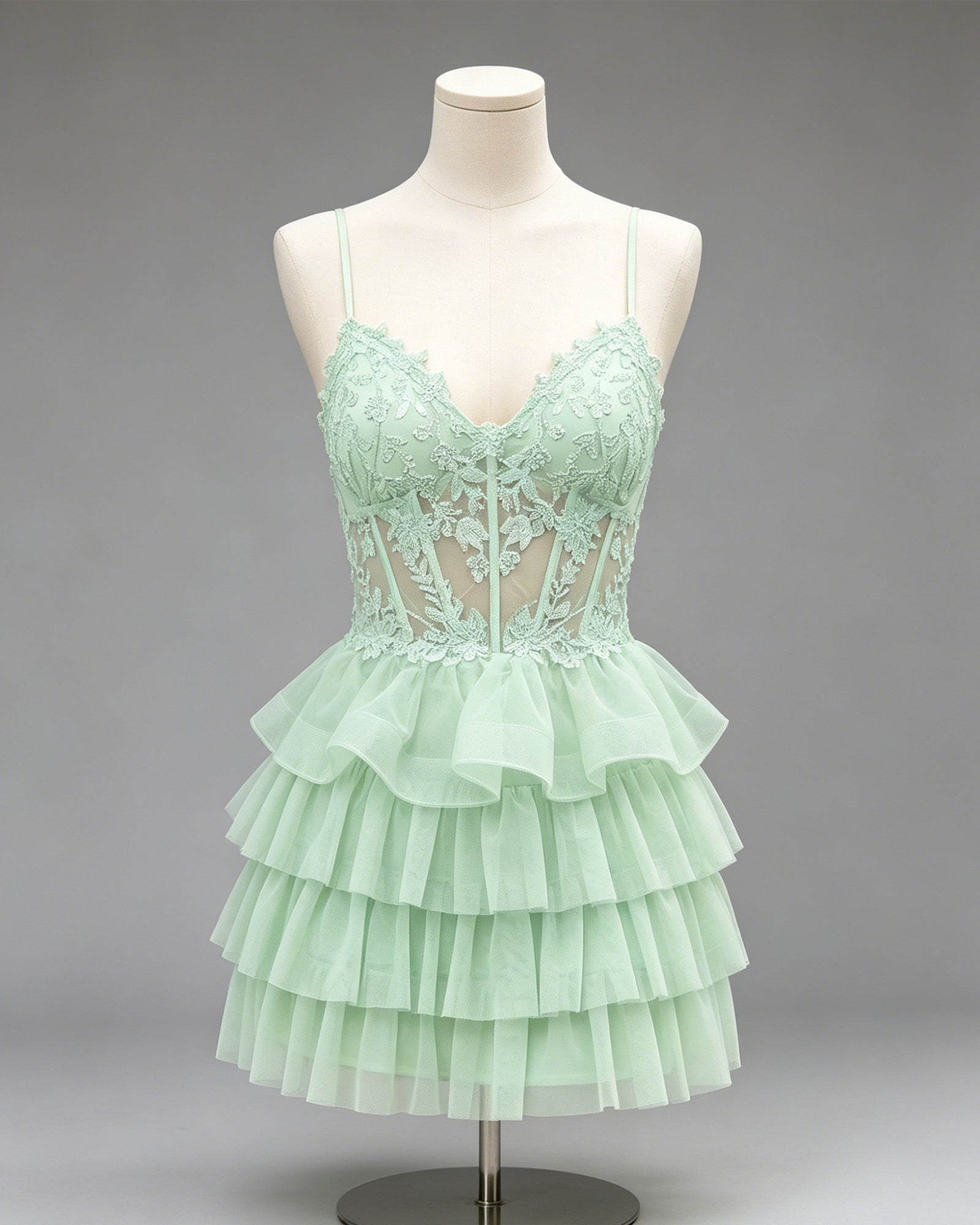 Spaghetti Strap Lace Corset Tiered Tulle Homecoming Dress - view 1