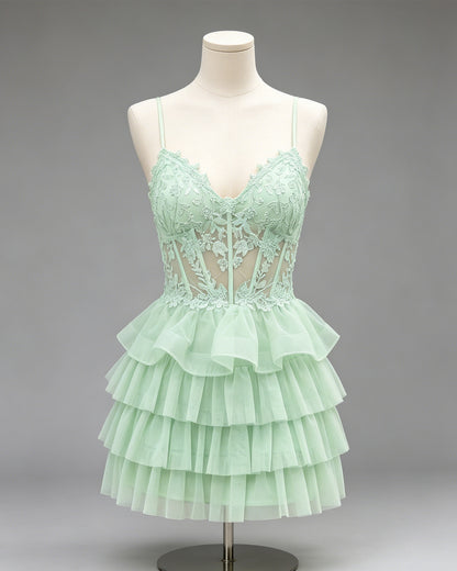 Spaghetti Strap Lace Corset Tiered Tulle Homecoming Dress - view 1