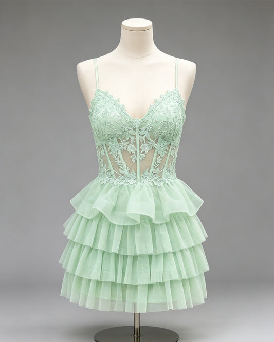 Spaghetti Strap Lace Corset Tiered Tulle Homecoming Dress - view 1