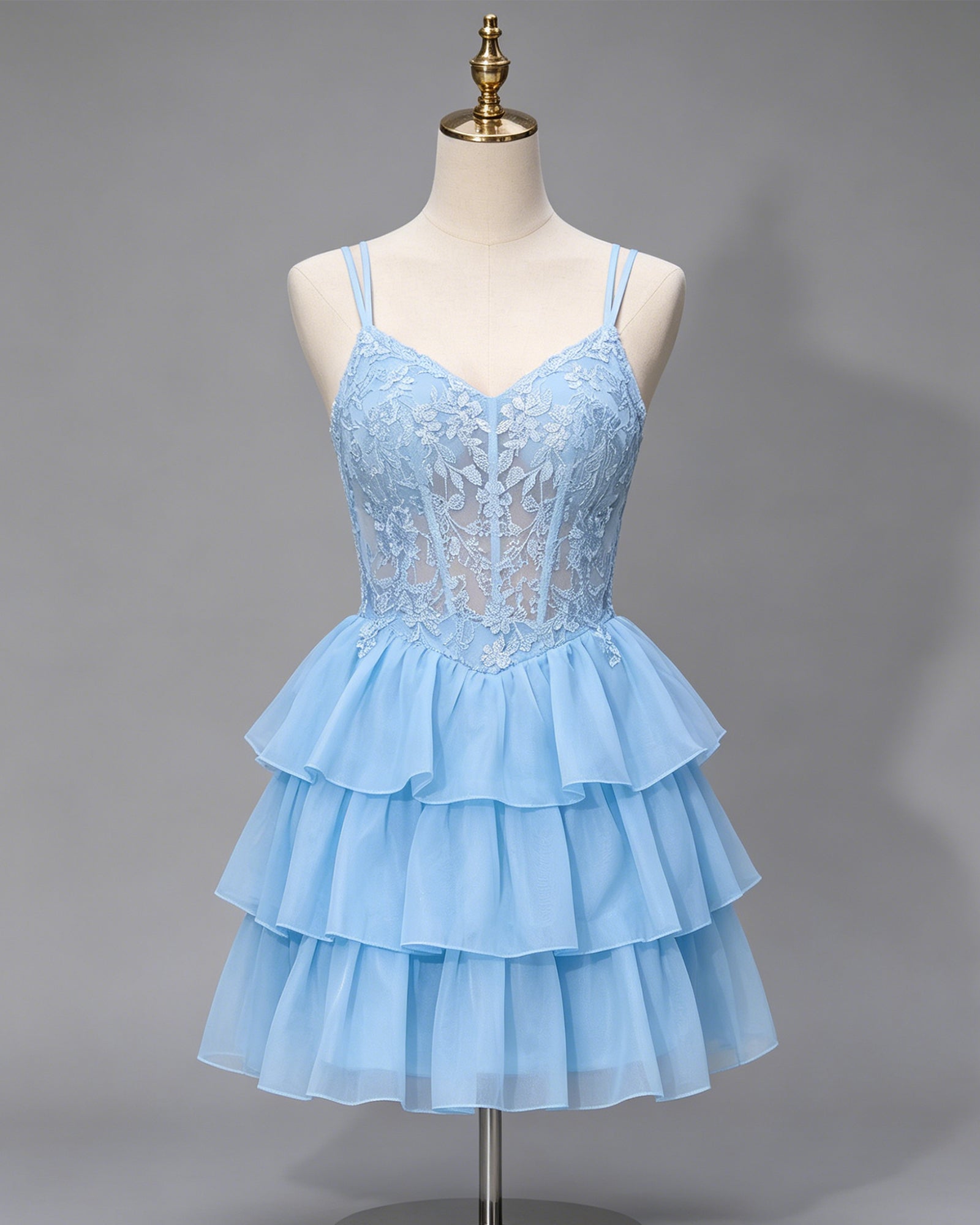 Double Strap Lace Corset Homecoming Dress with Tiered Tulle Skirt - view 1