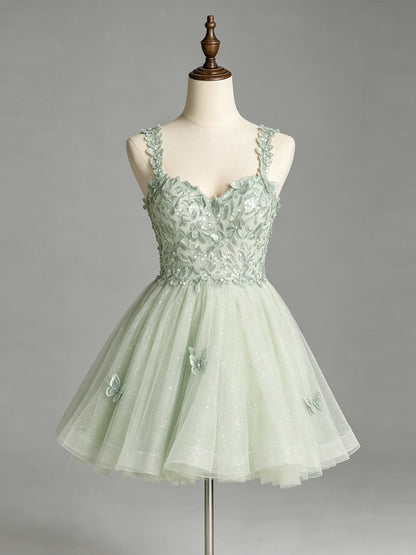Floral Lace Strap Glitter Tulle Homecoming Dress - view 1