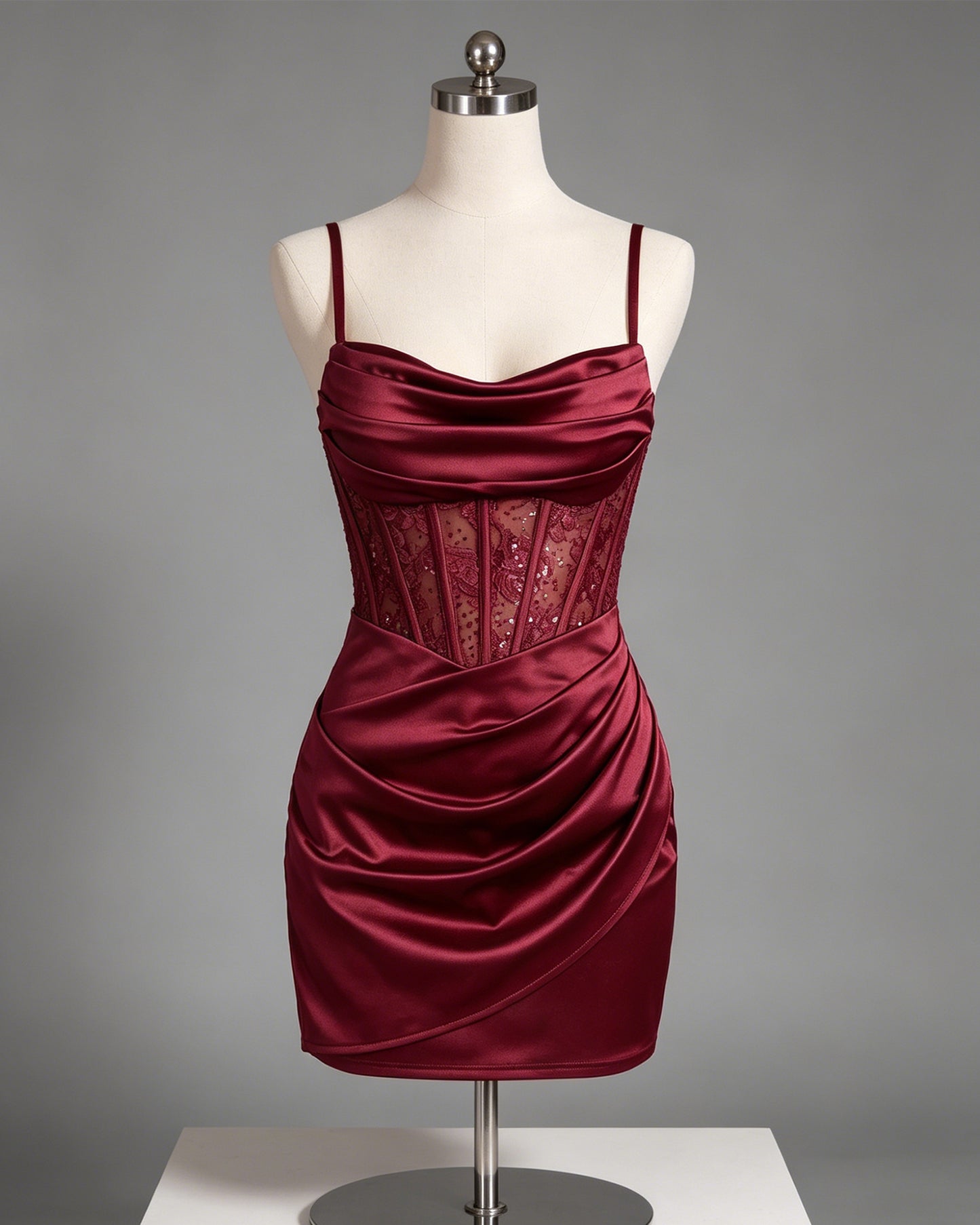 Cowl Neck Lace Corset Satin Homecoming Dress with Draped Skirt - view 1