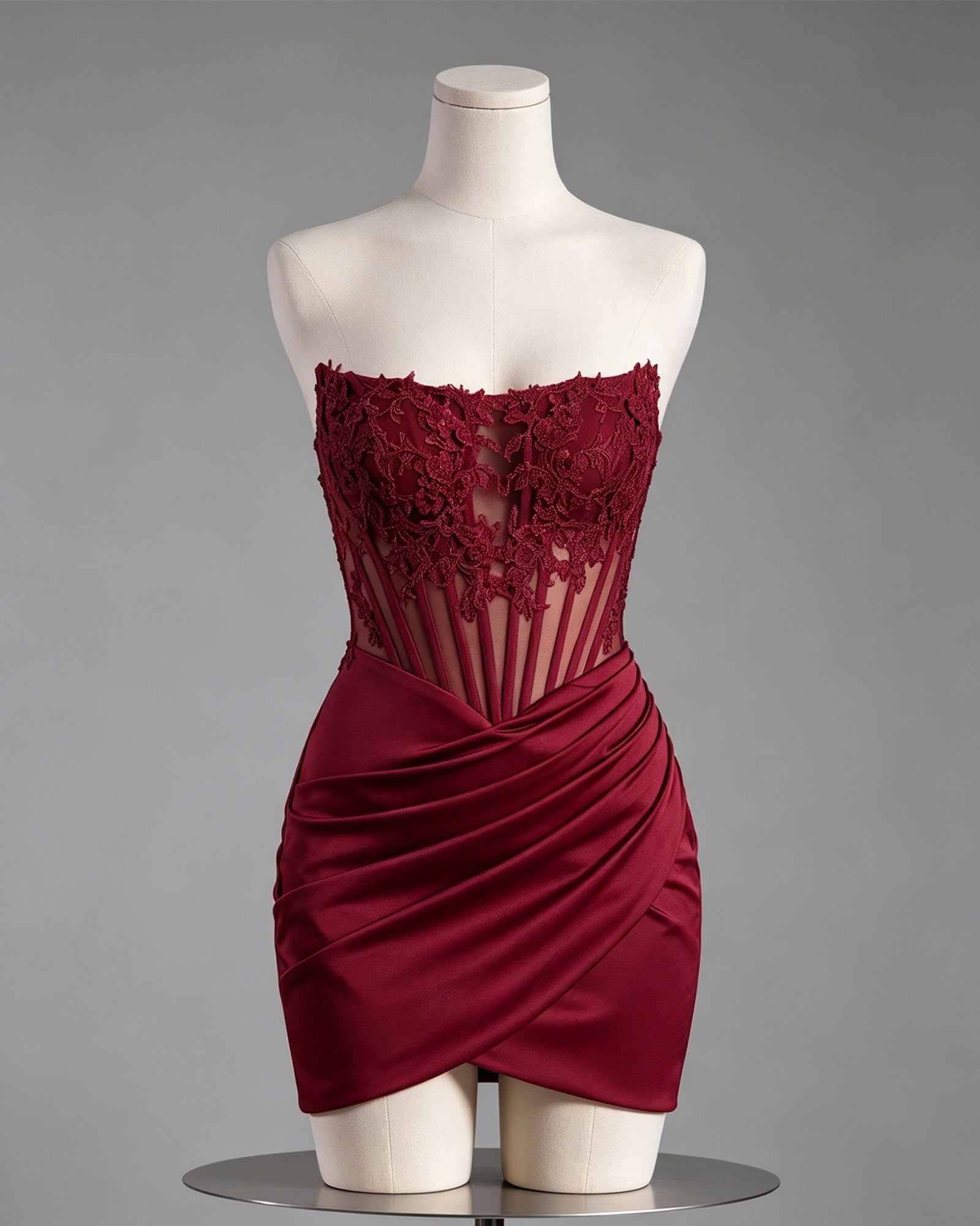 Strapless Lace Applique Ruched Satin Mini Dress with Wrap Skirt - view 1