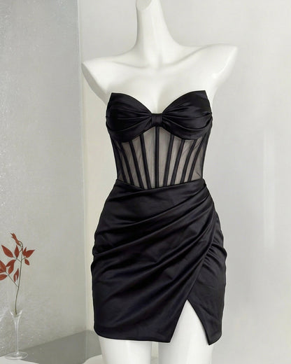 Strapless Satin Bow Corset Homecoming Dress with Slit - view 1
