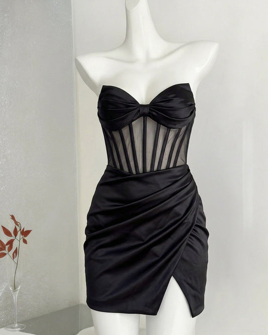 Strapless Satin Bow Corset Homecoming Dress with Slit - view 1