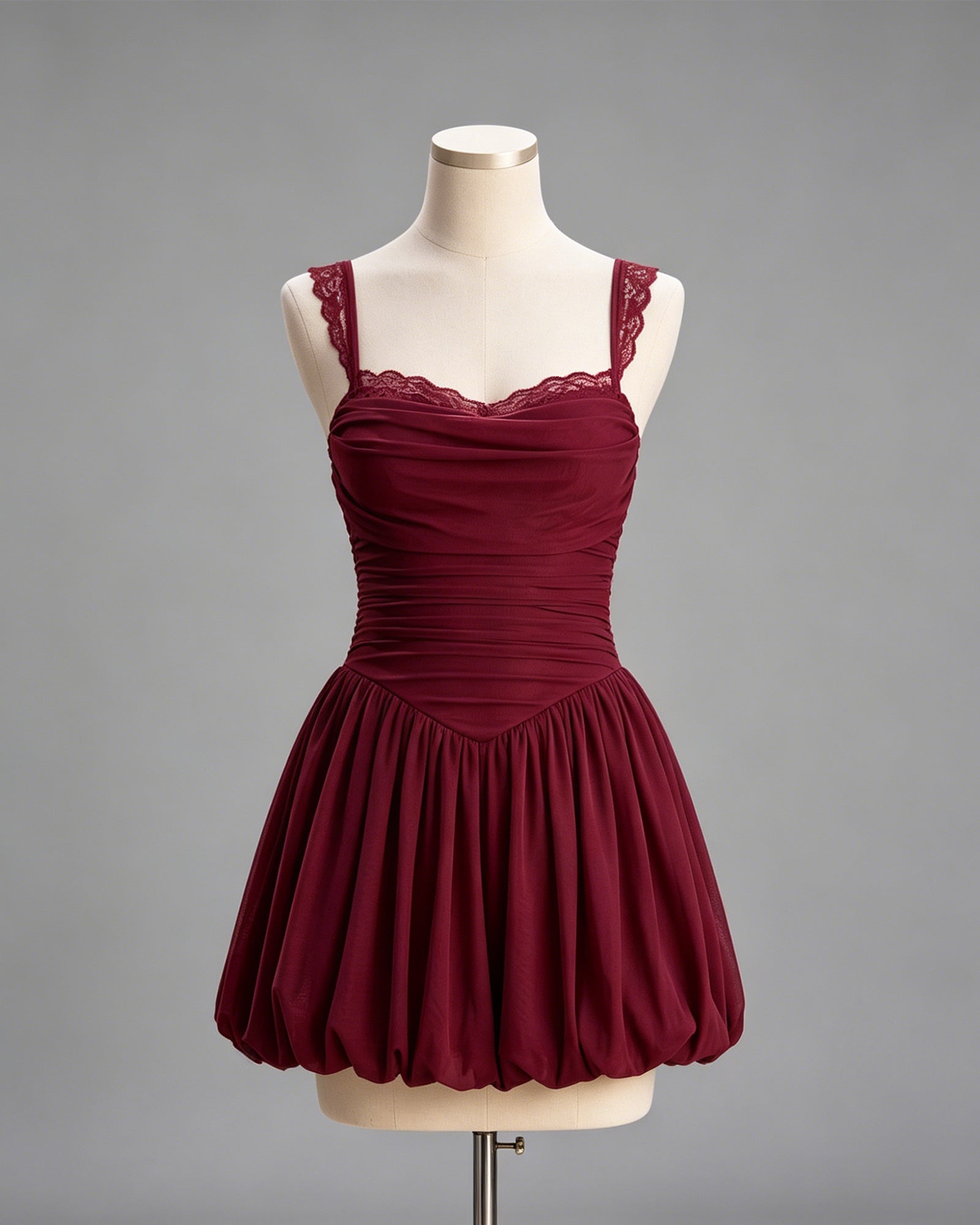 Lace Strap Ruched Bodice Homecoming Dress with Bubble Hem - view 1
