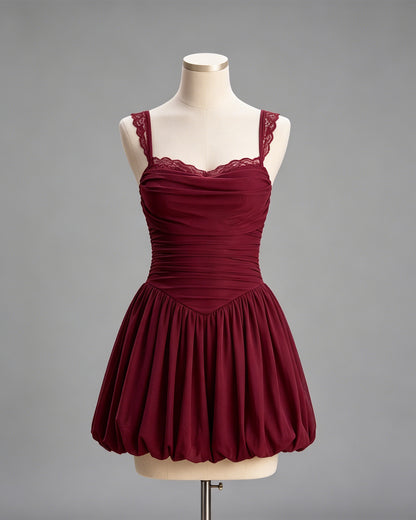 Lace Strap Ruched Bodice Homecoming Dress with Bubble Hem - view 1