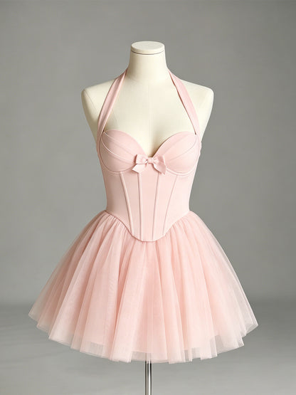 Halter Bow Corset Tulle Homecoming Dress - view 1