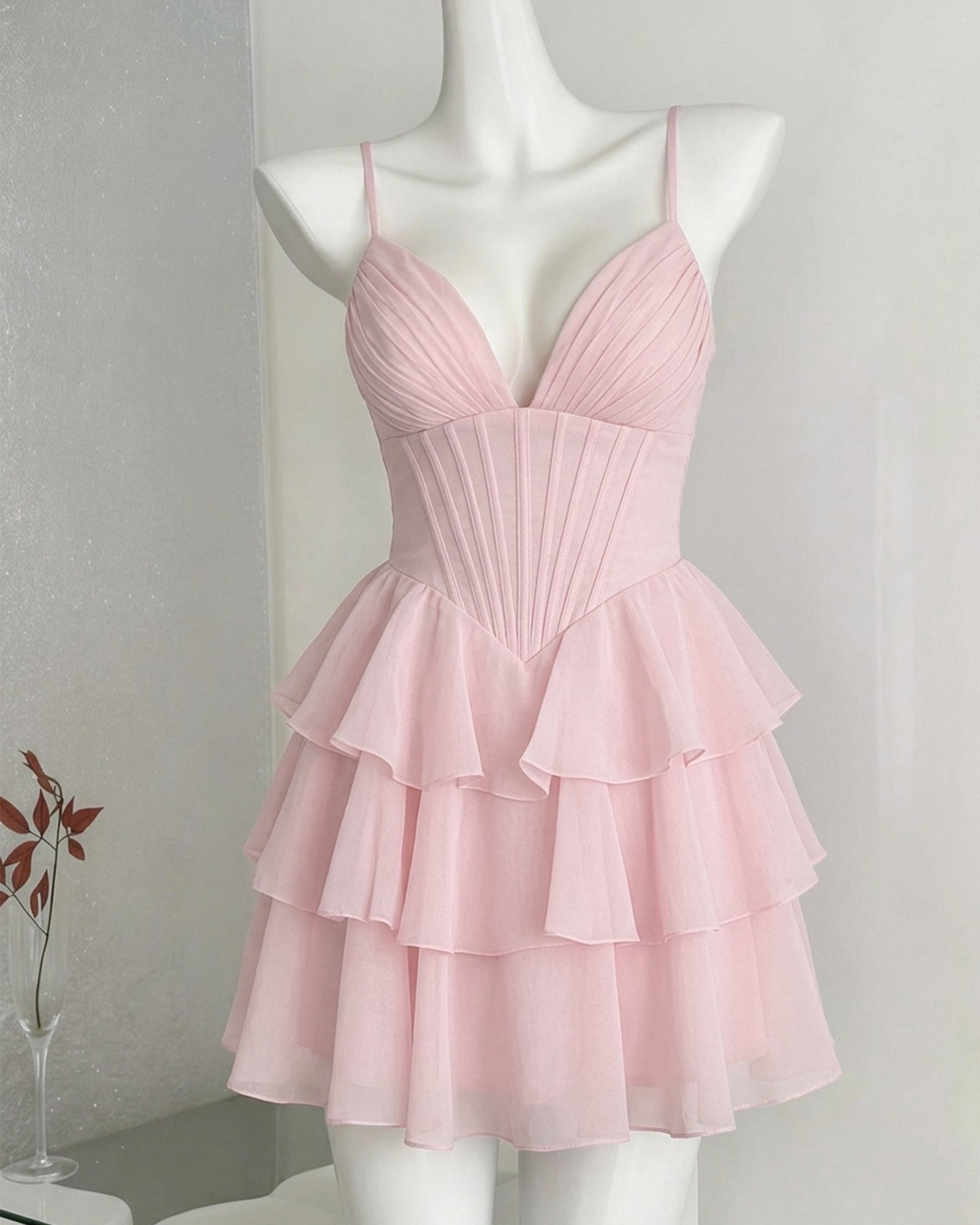 Spaghetti Strap Pleated Corset Homecoming Dress with Ruffle Layers - view 1