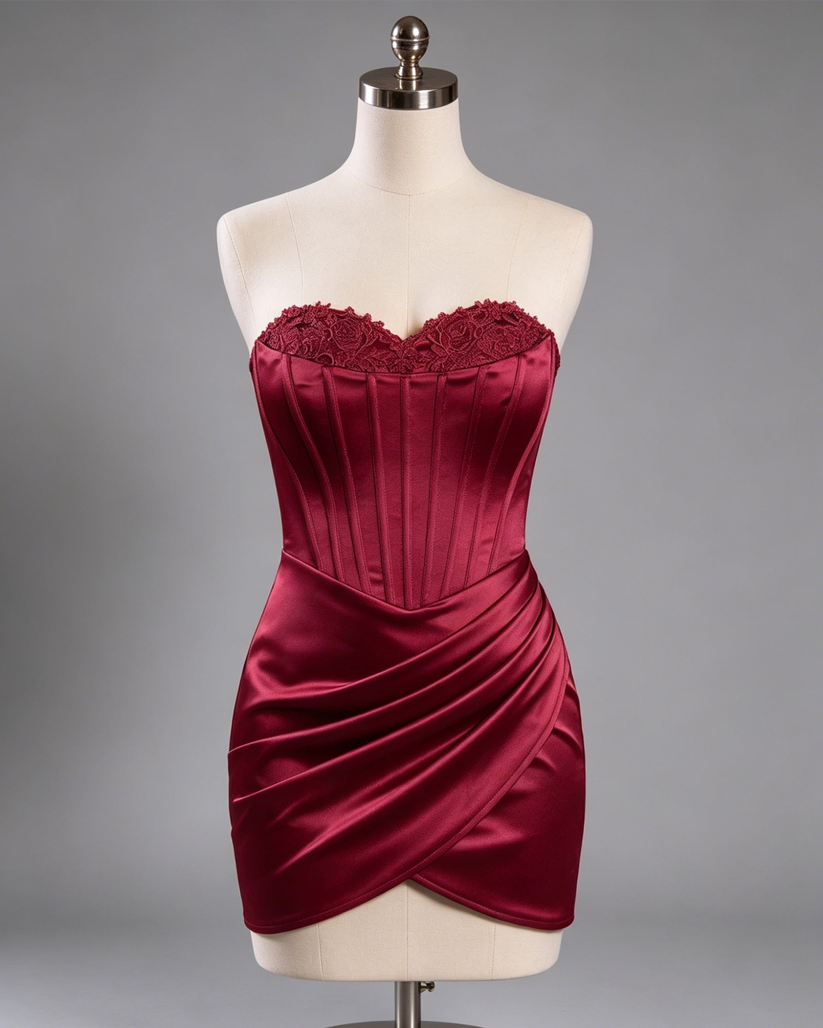 Strapless Lace Trim Satin Homecoming Dress with Wrap Hem - view 1