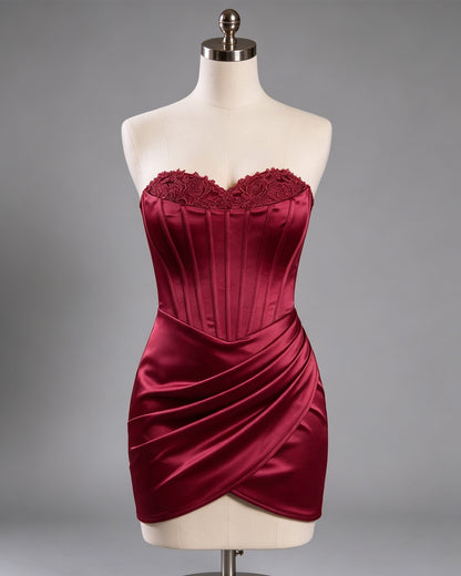 Strapless Lace Trim Satin Homecoming Dress with Wrap Hem - view 1