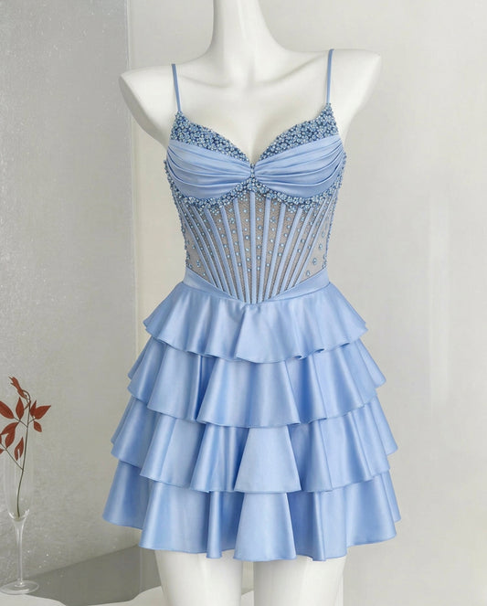 Spaghetti Strap Beaded Corset Tiered Satin Homecoming Dress - view 1
