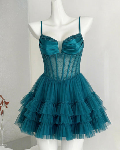 Spaghetti Strap Beaded Corset Ruffle Tulle Homecoming Dress - view 1