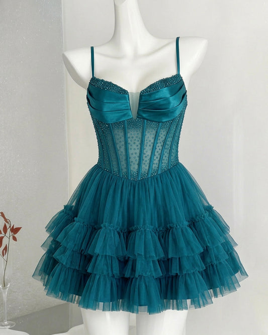 Spaghetti Strap Beaded Corset Ruffle Tulle Homecoming Dress - view 1