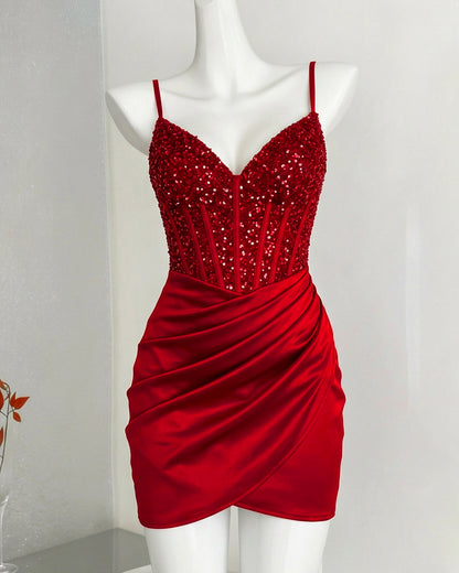Spaghetti Strap Sequin Corset Satin Homecoming Dress - view 1