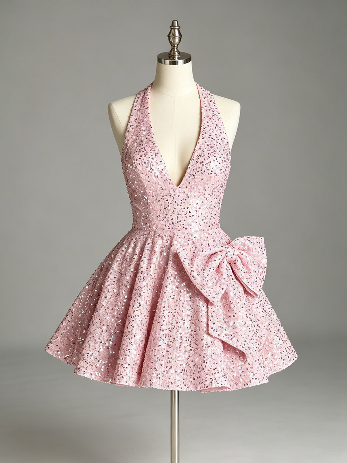 Halter Sequin Bow A-Line Homecoming Dress - view 1