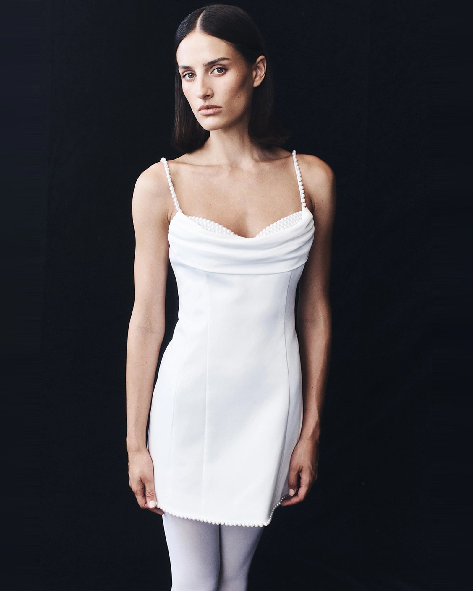 satin cowl neck pearl strap homecoming dress - image 10