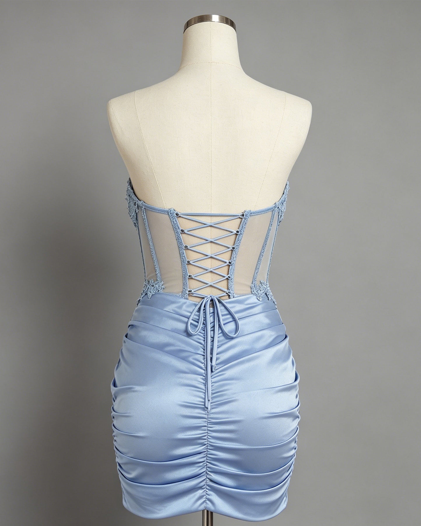 Strapless Lace Corset Ruched Satin Homecoming Dress - view 2