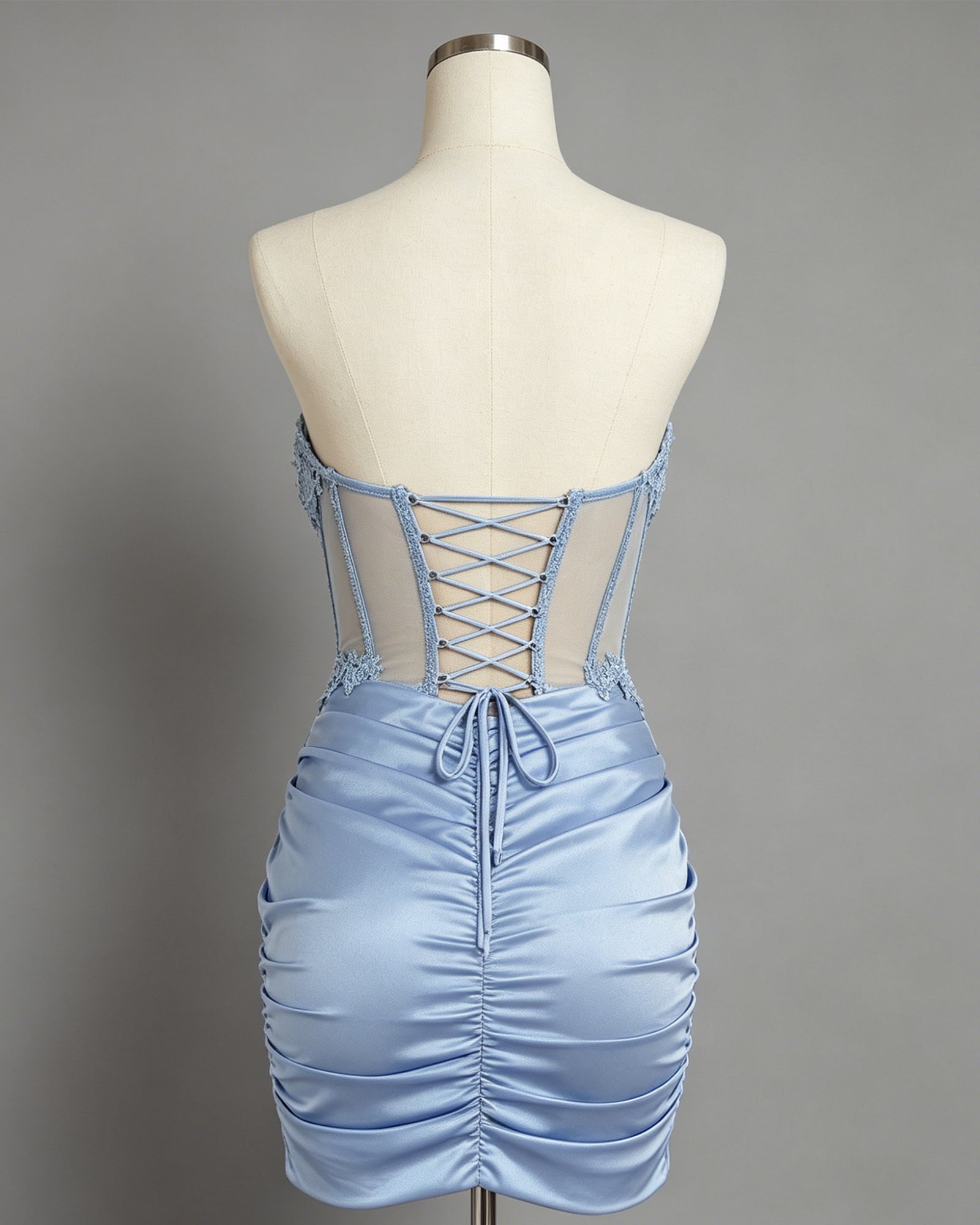 Strapless Lace Corset Ruched Satin Homecoming Dress - view 2