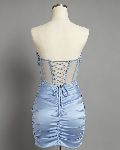 Strapless Lace Corset Ruched Satin Homecoming Dress - view 2