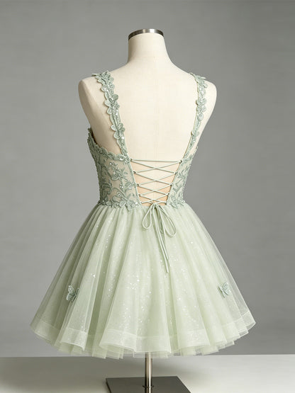 Floral Lace Strap Glitter Tulle Homecoming Dress - view 2