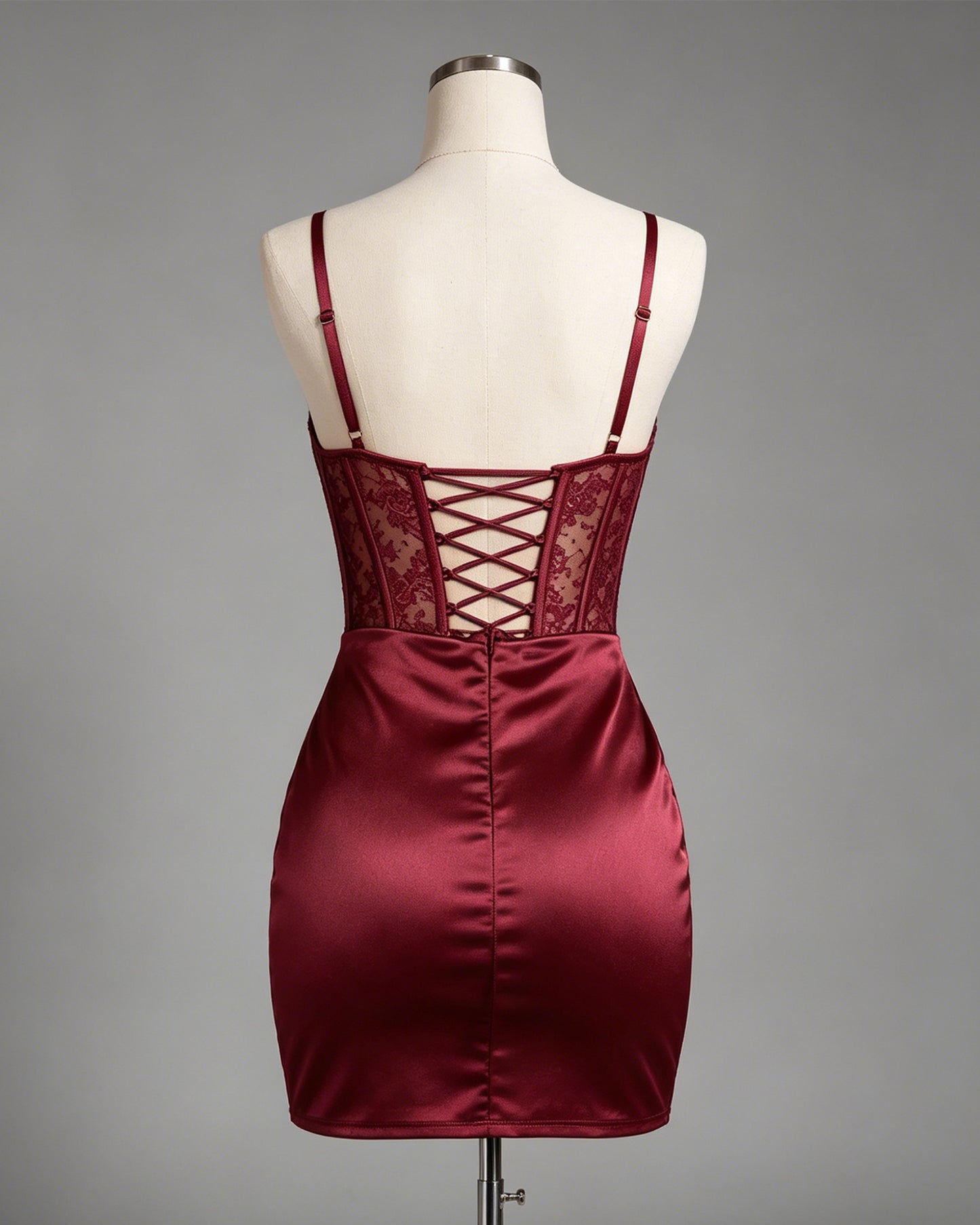 Cowl Neck Lace Corset Satin Homecoming Dress with Draped Skirt - view 2