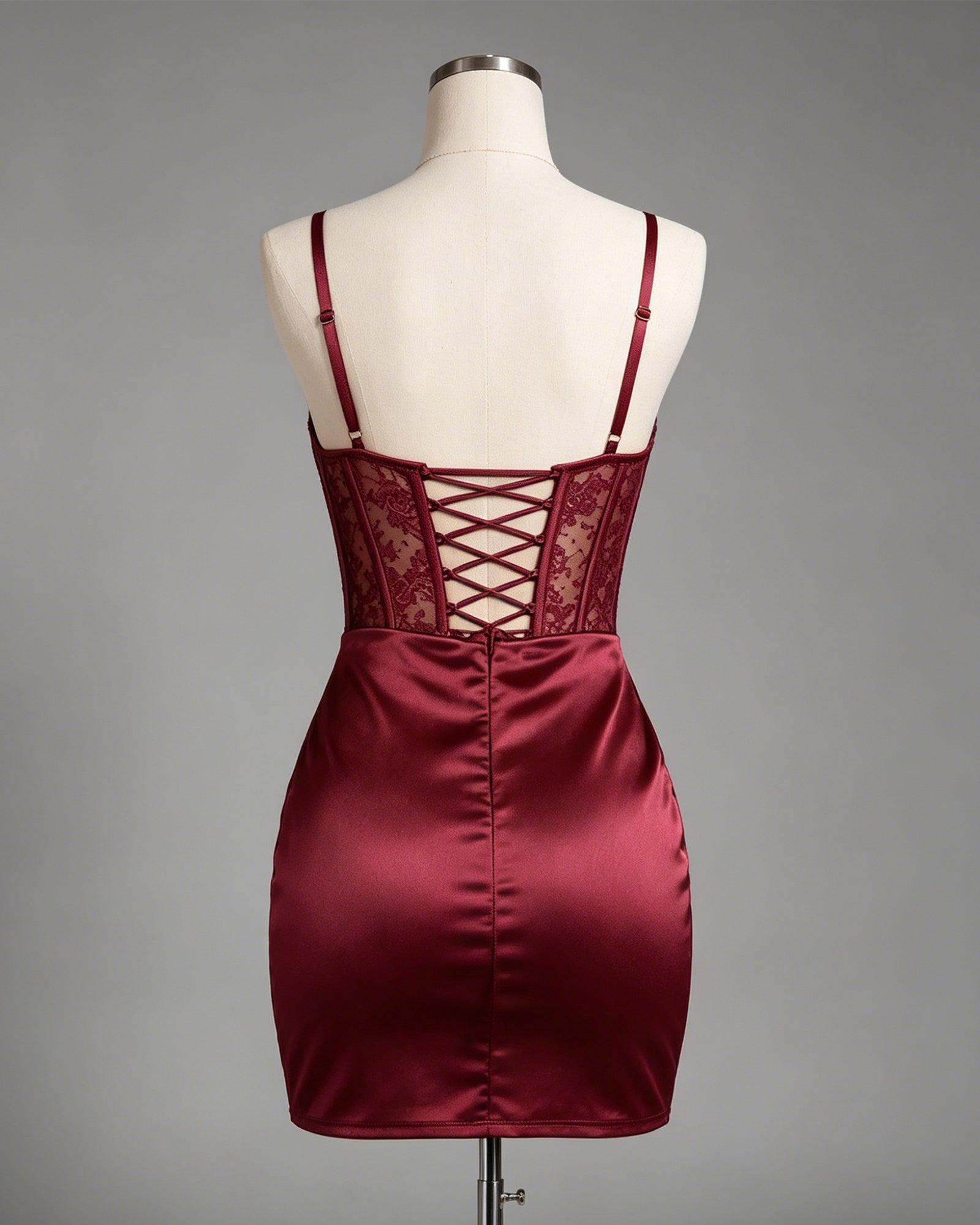 Cowl Neck Lace Corset Satin Homecoming Dress with Draped Skirt - view 2