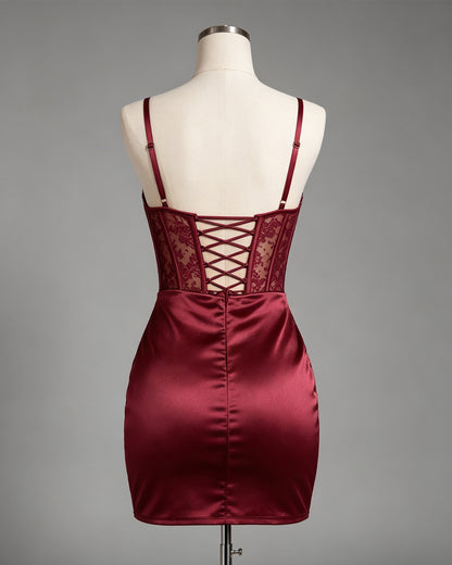 Cowl Neck Lace Corset Satin Homecoming Dress with Draped Skirt - view 2