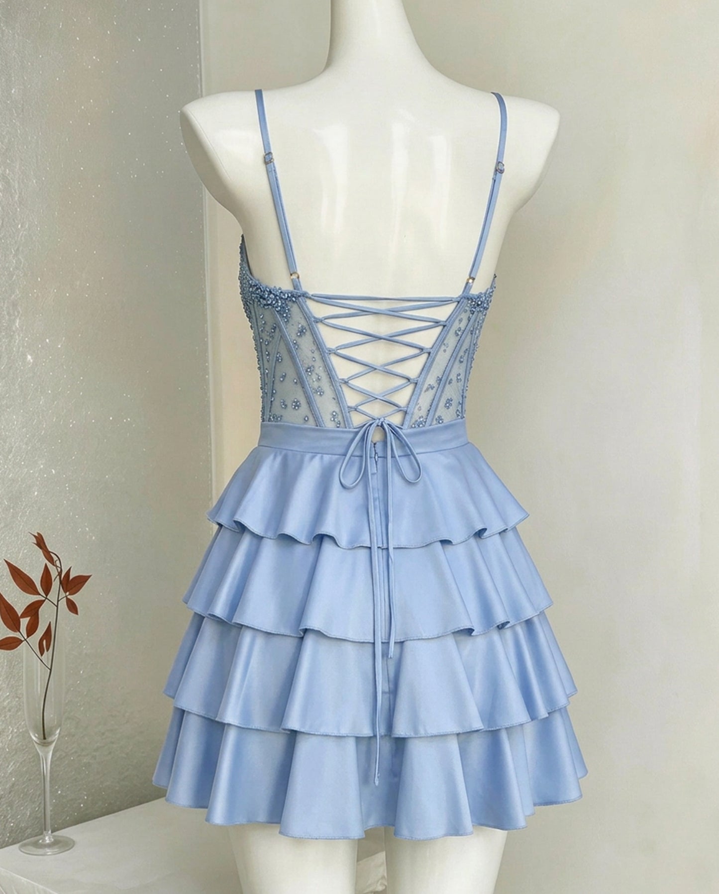 Spaghetti Strap Beaded Corset Tiered Satin Homecoming Dress - view 2