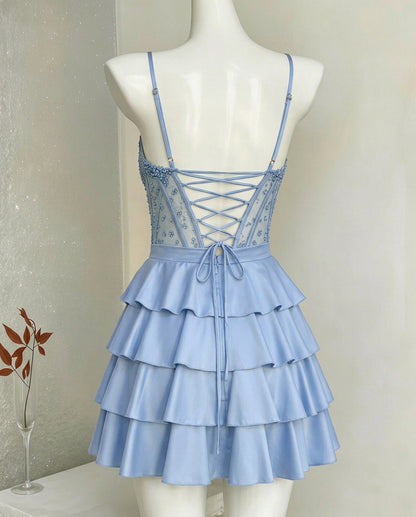 Spaghetti Strap Beaded Corset Tiered Satin Homecoming Dress - view 2