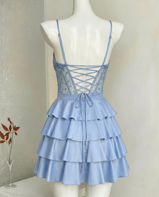 Spaghetti Strap Beaded Corset Tiered Satin Homecoming Dress - view 2
