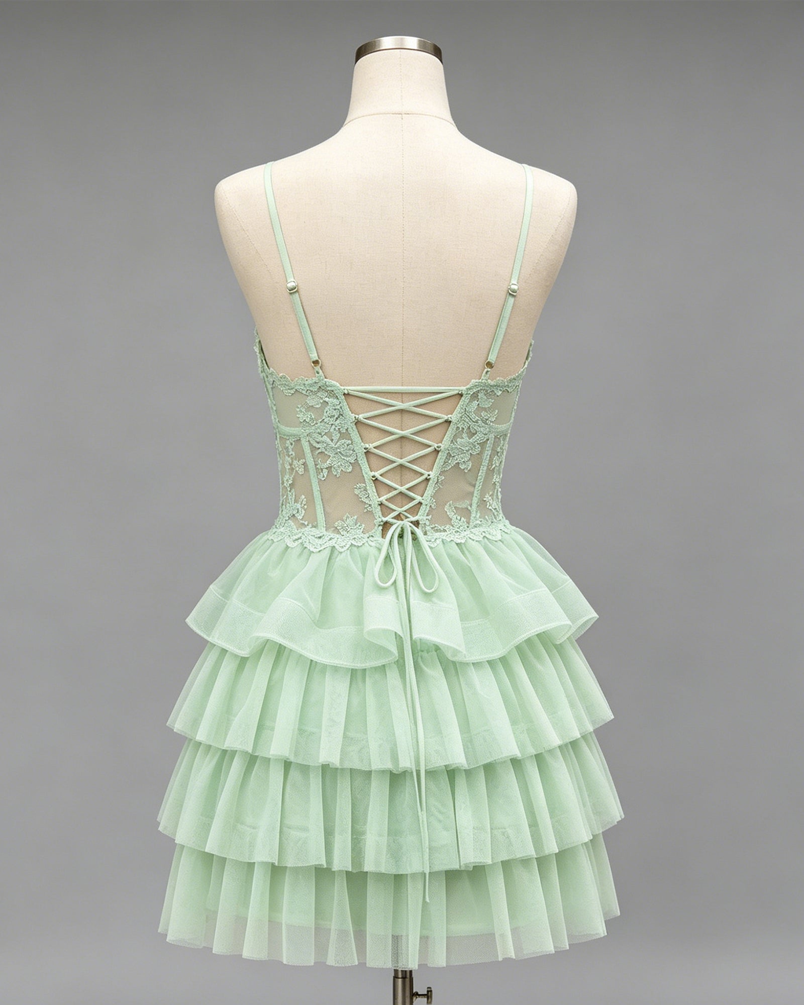 Spaghetti Strap Lace Corset Tiered Tulle Homecoming Dress - view 2